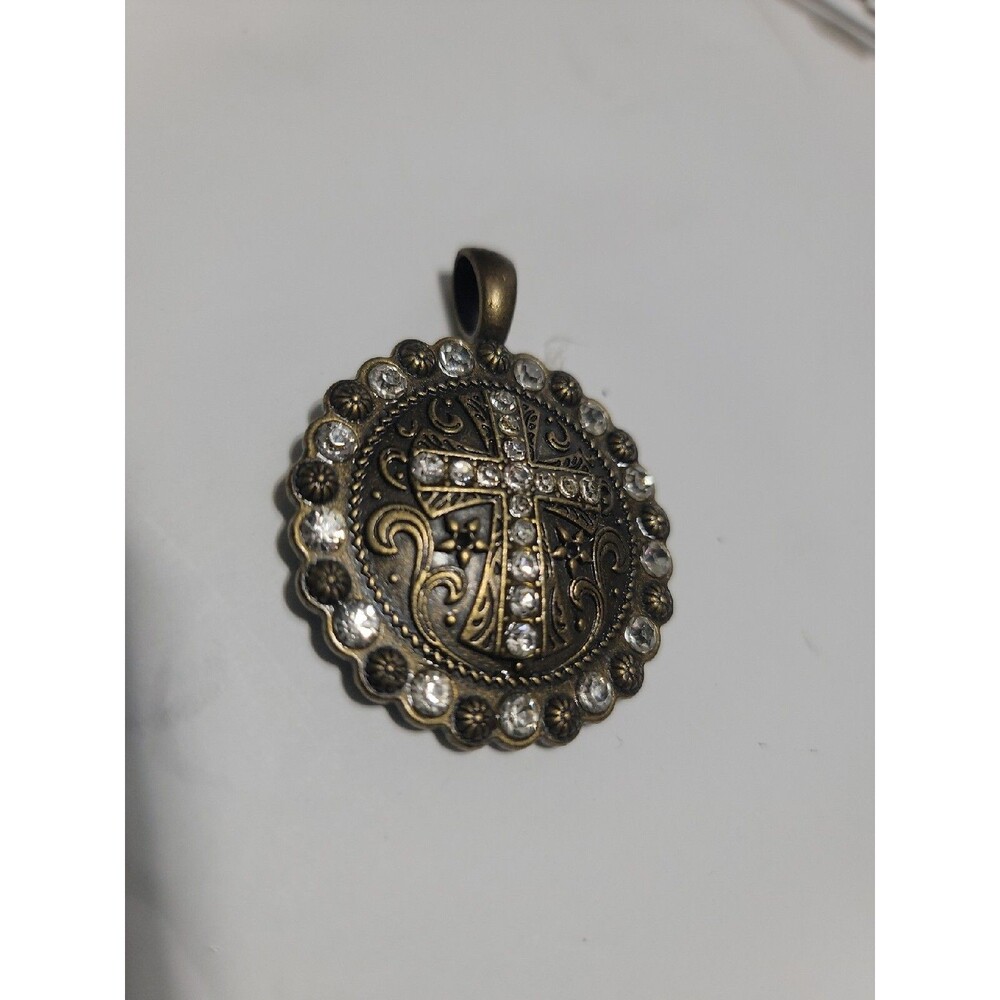 RHINESTONE CRYSTAL ROUND CROSS PENDANT BRASS